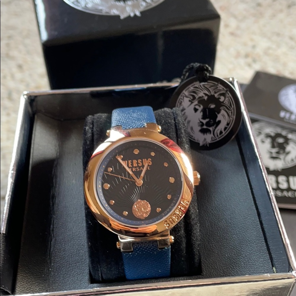 Versus Versace NWT rose gold blue leather watch